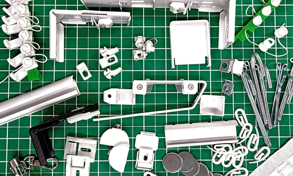 an assortment of various types of curtain hardware components