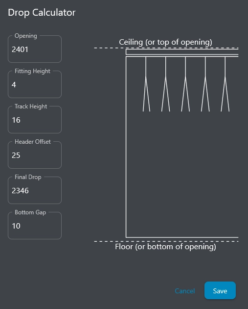 screenshot of curtain software displaying a curtain drop calculator