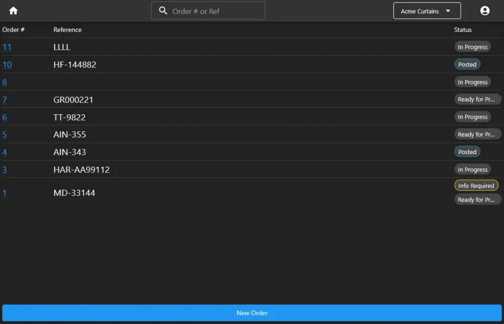 screenshot of window covering software showing a customer portal screen