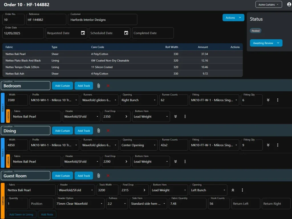 screenshot of window covering software displaying the details of a customer order