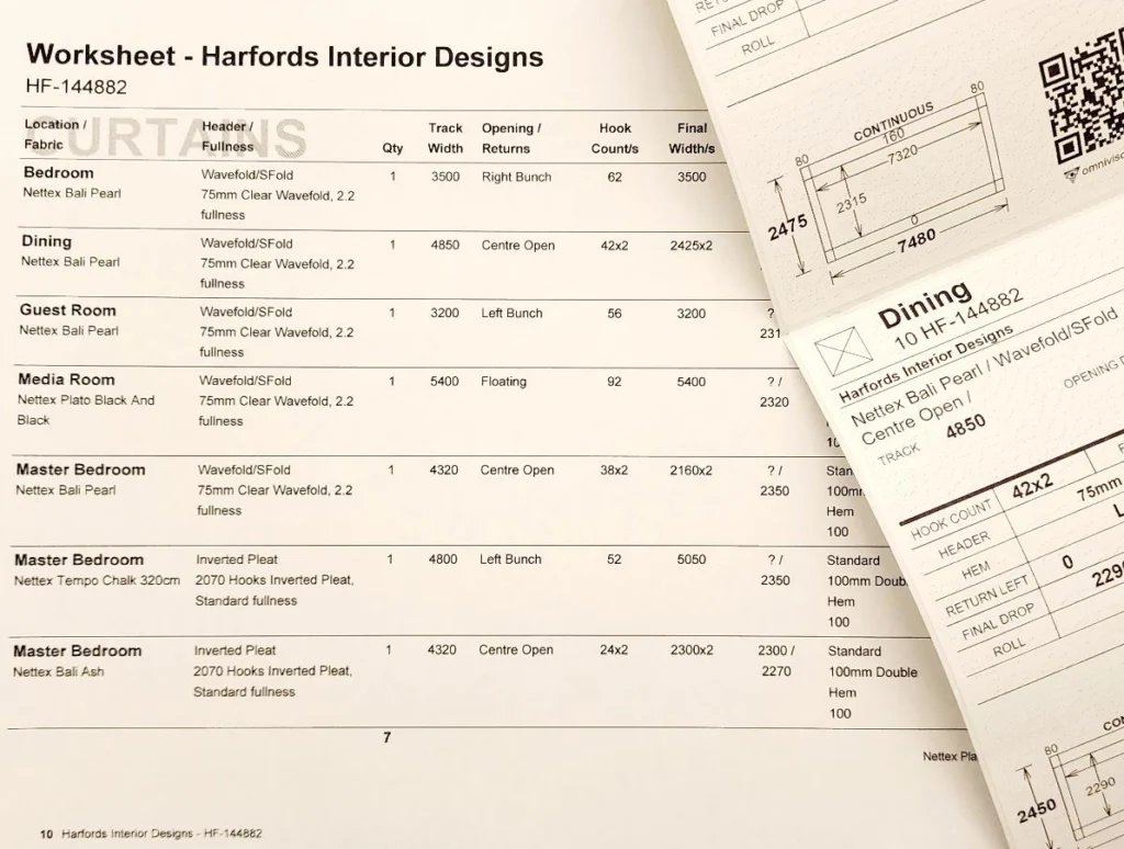 printed worksheet and labels generated by window covering software